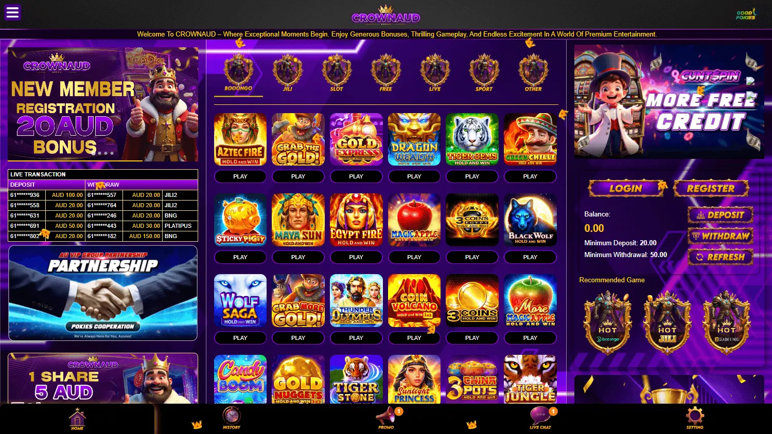 Crownaud Casino home experience on a desktop device