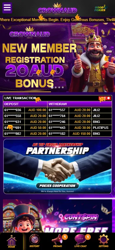 Crownaud Casino home experience on a mobile device