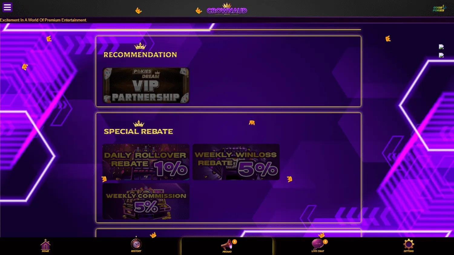 Crownaud Casino promotions experience on a desktop device